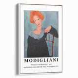 Extra large vintage poster art of a Modigliani design in colorful palette, framed canvas, suitable for living room.