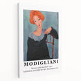 Modigliani-inspired portrait on stretched canvas, featuring elongated forms and neutral tones, suitable for kitchen wall art.