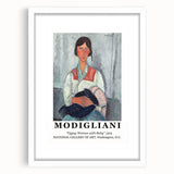 Abstract art print featuring a Modigliani design in neutral colors on a white framed canvas.