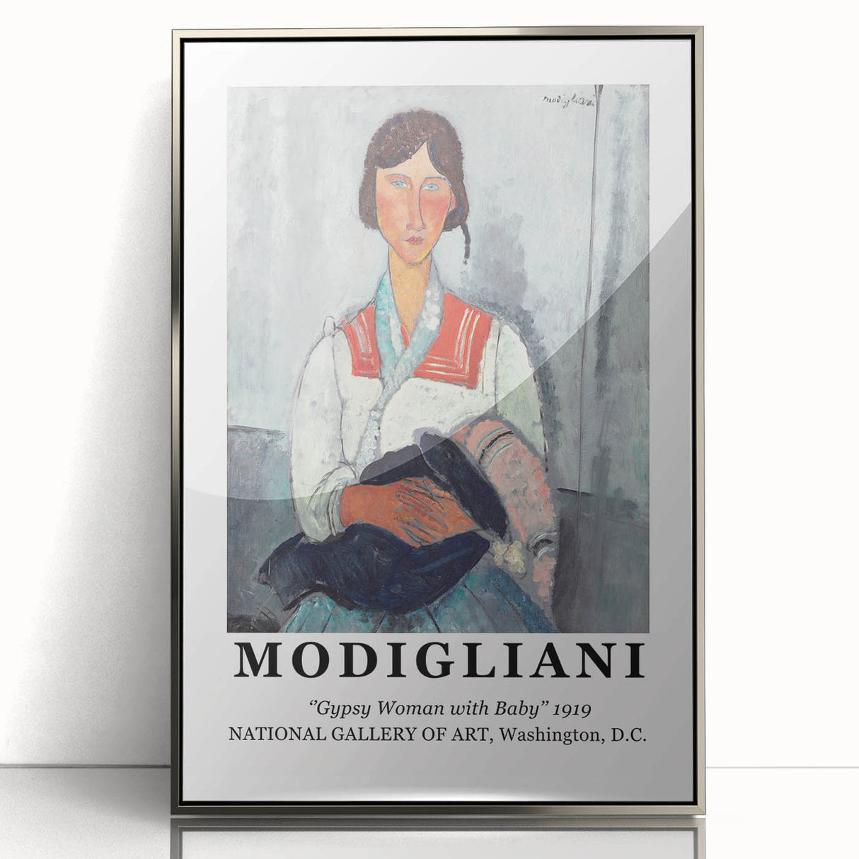 Mid-century modernist art featuring abstract figures in muted earth tones on a silver-framed acrylic print.