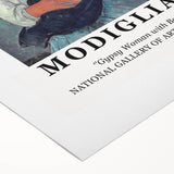 Art deco poster featuring a Modigliani-inspired portrait in muted earth tones on rolled canvas.