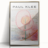 Mid-century modernist art by Paul Klee, featuring abstract shapes in muted colors on a framed acrylic.