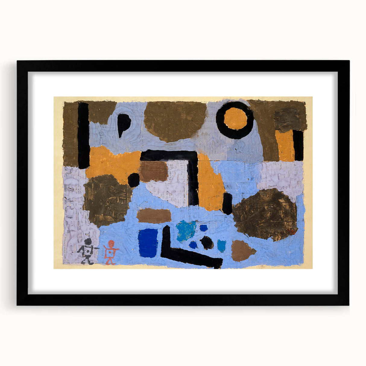 Extra large abstract art print featuring textured, colorful shapes on black framed canvas, ideal for living room decor.