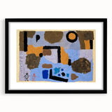 Extra large abstract art print featuring textured, colorful shapes on black framed canvas, ideal for living room decor.