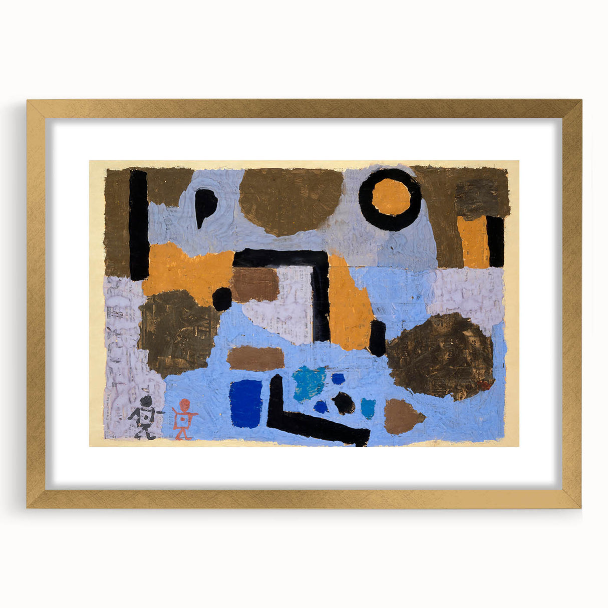 Extra large abstract art print featuring textured geometric shapes in muted earth tones on a framed canvas.