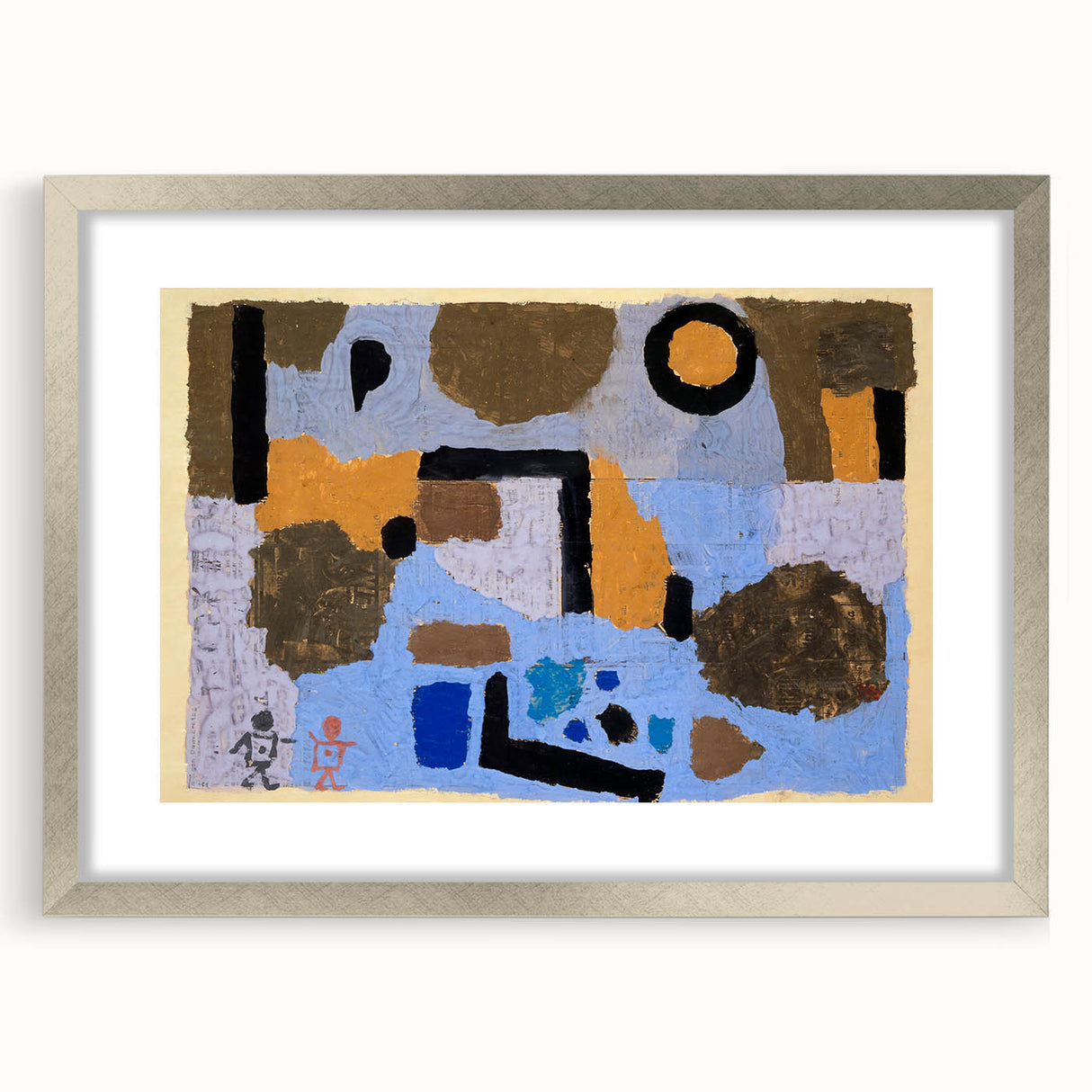 Textured abstract art print in cool blue and grey tones on a framed canvas, suitable for bedroom wall decor.