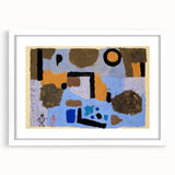 Abstract art print by Paul Klee featuring geometric shapes in primary colors, framed in white.