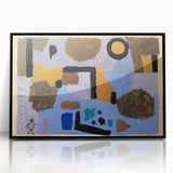 Large abstract wall art by Paul Klee, featuring geometric shapes in muted colors, framed in black acrylic.