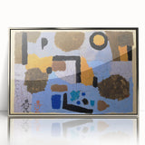 Mid-century modernist art by Paul Klee, featuring abstract shapes in muted colors, silver-framed acrylic print.