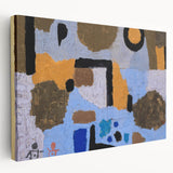 Abstract Paul Klee-inspired art on stretched canvas, featuring geometric shapes in muted colors.