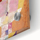 Mid-century modernist abstract art in warm earth tones on acrylic glass, suitable for dining room decor.