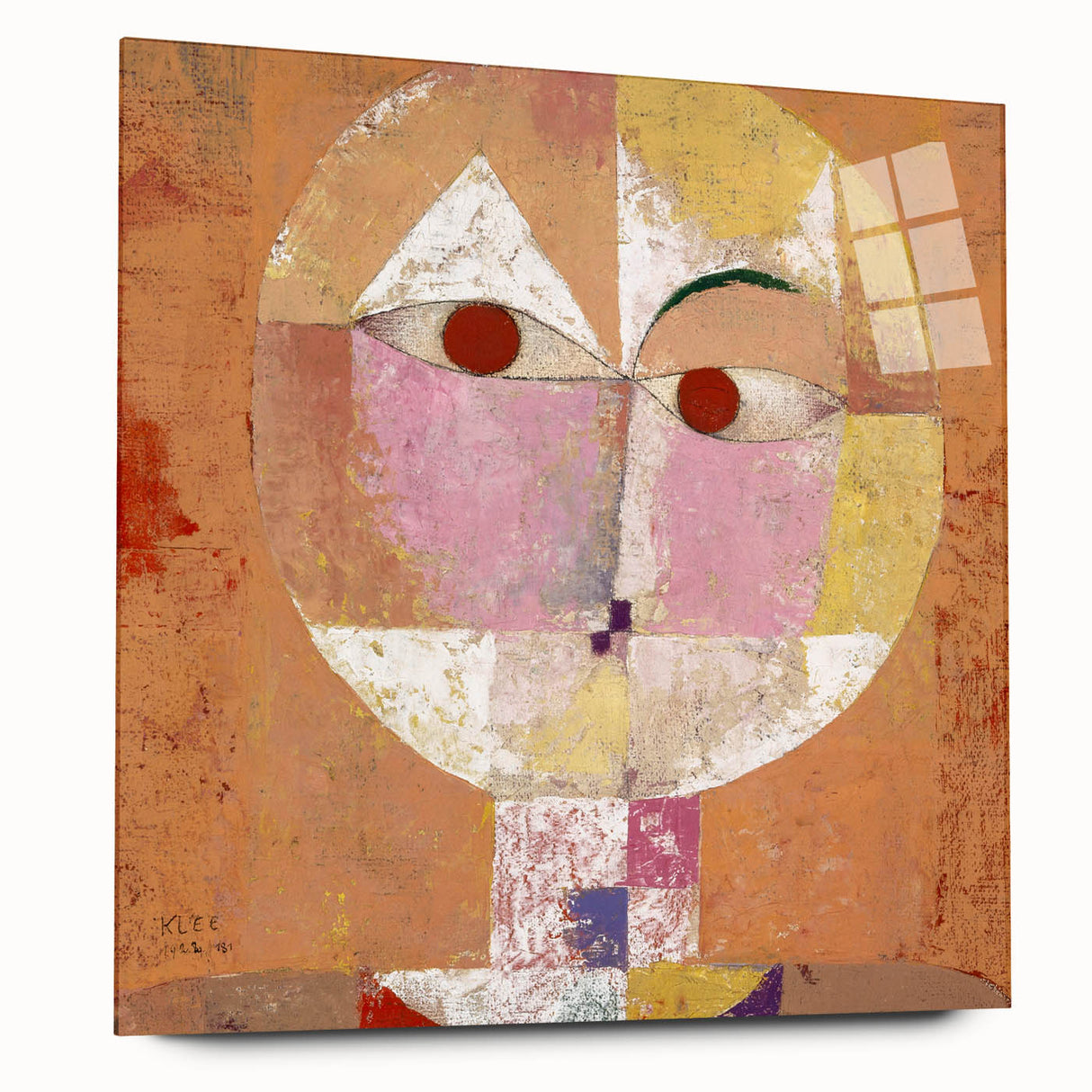 Large abstract wall art by Paul Klee in muted tones on acrylic glass, ideal for bedroom or dining room decor.