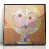 Large abstract wall art by Paul Klee, featuring geometric shapes in muted colors, framed in black acrylic.