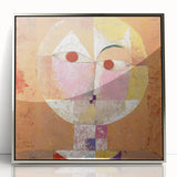 Mid-century modernist art by Paul Klee, featuring geometric shapes in muted colors on a framed acrylic.