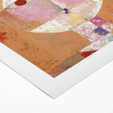 Art Deco poster featuring geometric shapes in muted orange and teal on a rolled canvas, suitable for dining room wall art.