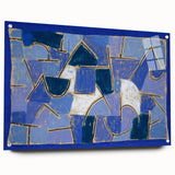 Large abstract wall art by Paul Klee in muted tones on acrylic glass, suitable for bedroom or dining room decor.
