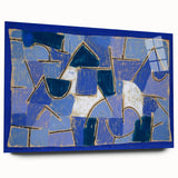 Large abstract wall art by Paul Klee in muted tones on acrylic glass, ideal for modern bedroom or dining room decor.