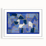 Abstract art print by Paul Klee featuring geometric shapes in muted colors on a white framed canvas.