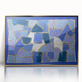 Mid-century modernist art by Paul Klee in gold frame, featuring abstract shapes and lines on acrylic.