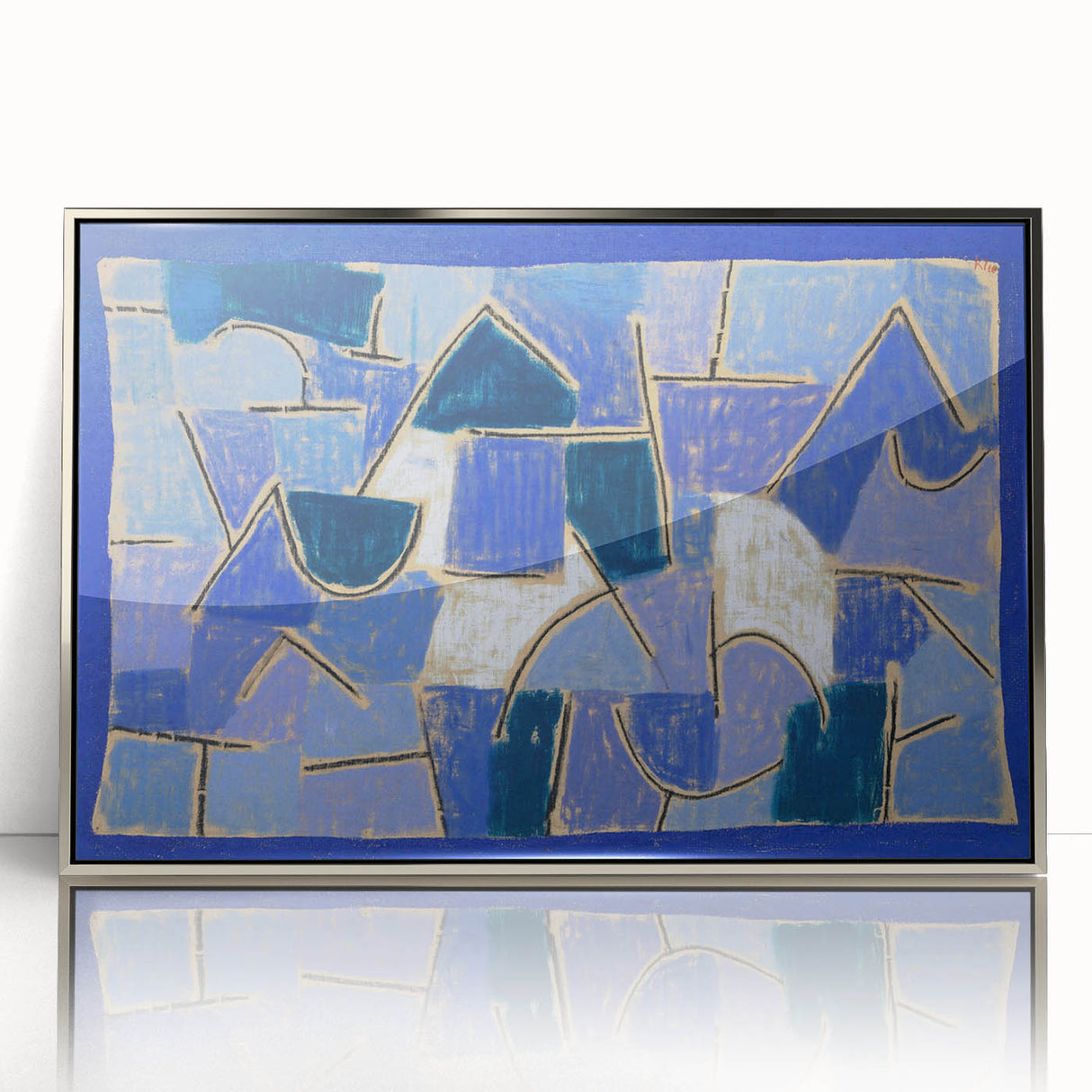 Mid-century modernist art by Paul Klee, featuring geometric shapes in muted colors on a framed acrylic print.