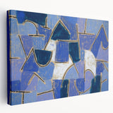 Abstract Paul Klee-inspired artwork in muted earth tones on a large stretched canvas, suitable for kitchen wall art.