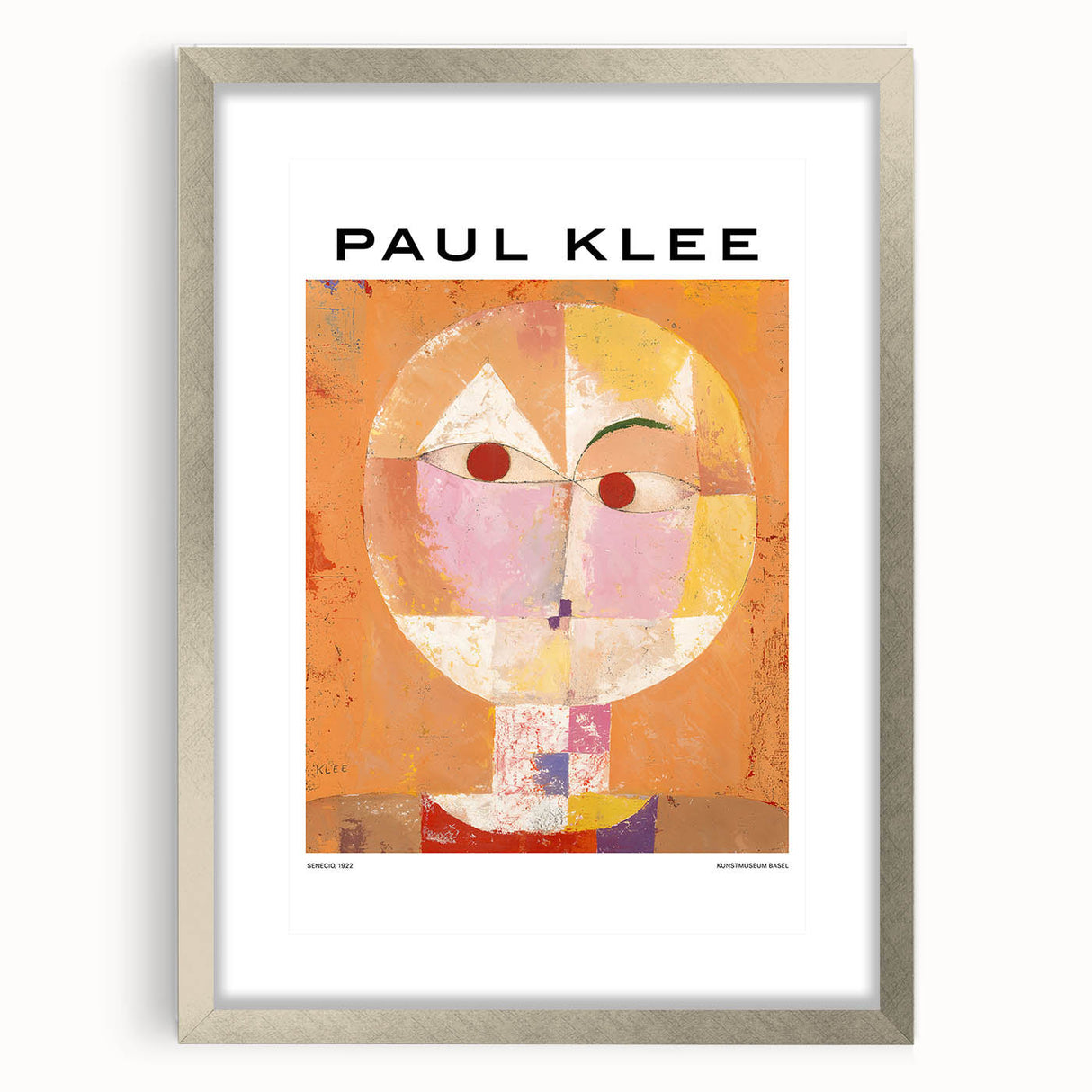 Textured abstract art print by Paul Klee featuring geometric shapes in muted colors, framed in silver, ideal for bedroom art.