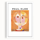 Abstract art print featuring geometric shapes in muted tones on a white framed canvas.