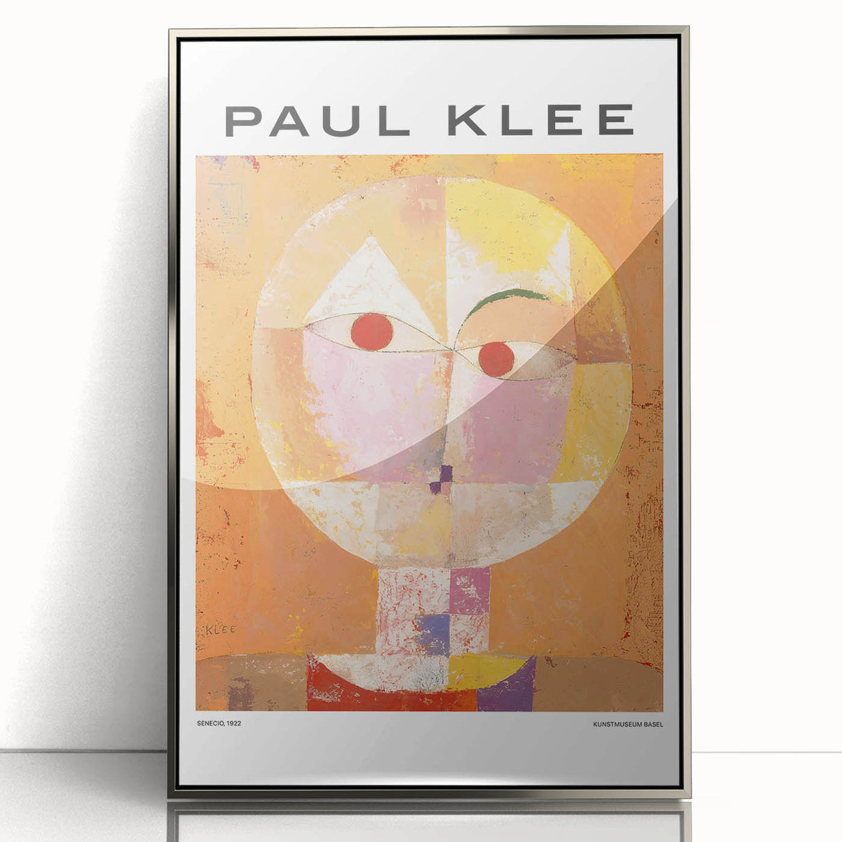 Art deco poster of abstract shapes in muted tones on framed acrylic, suitable for modern nursery wall decor.