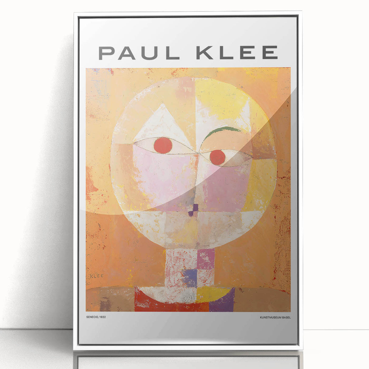 Mid-century modernist art by Paul Klee, featuring abstract shapes in muted colors on a framed acrylic.