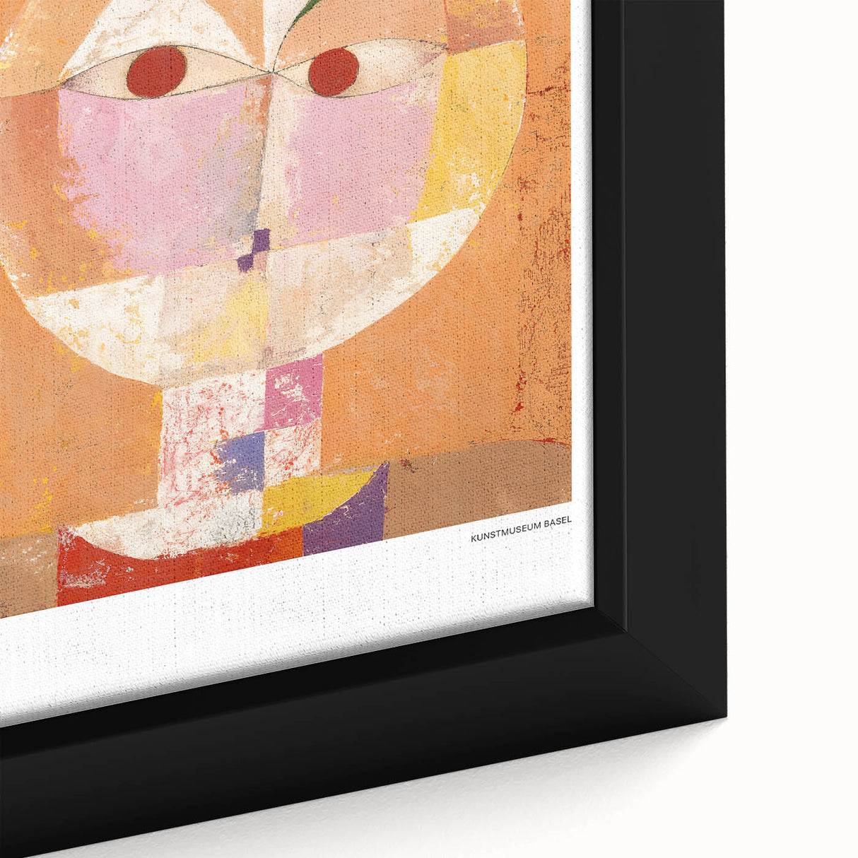 Extra large framed canvas featuring a black textured background with colorful, abstract designs by Paul Klee.