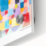 Mid-century modernist large abstract art print on acrylic glass, featuring geometric shapes in earth tones.