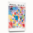 Large abstract wall art by Paul Klee in muted colors on acrylic glass, suitable for bedroom or dining room decor.