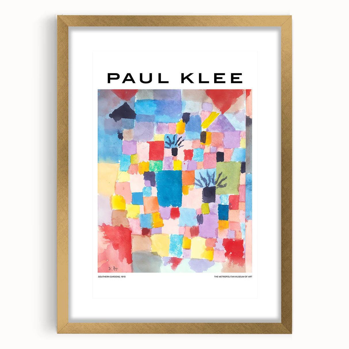 Extra large abstract art print by Paul Klee in muted colors on textured canvas, framed in gold, ideal for living room decor.