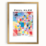 Extra large abstract art print by Paul Klee in muted colors on textured canvas, framed in gold, ideal for living room decor.