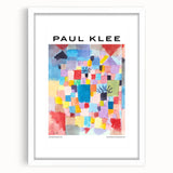 Abstract art print by Paul Klee in muted tones on white framed canvas, suitable for bedroom or dining room decor.