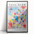 Large abstract wall art by Paul Klee, featuring geometric shapes in muted colors, framed in black acrylic.