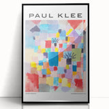 Large abstract wall art by Paul Klee, featuring geometric shapes in muted colors, framed in black acrylic.