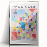 Mid-century modernist art by Paul Klee, featuring geometric shapes in muted colors on a framed acrylic print.