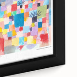 Extra large framed canvas featuring a textured, colorful abstract design by Paul Klee, predominantly in black.