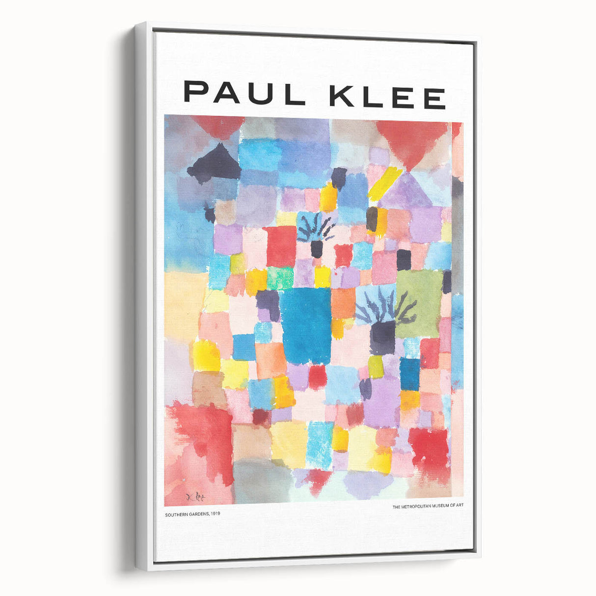 Vintage poster art of a Paul Klee design, featuring colorful abstract patterns on a large framed canvas.