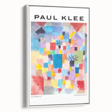 Vintage poster art of a Paul Klee design, featuring colorful abstract patterns on a large framed canvas.