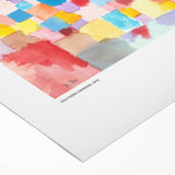 Art Deco poster by Paul Klee, featuring geometric shapes in muted tones on rolled canvas, suitable for dining room decor.