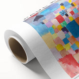 Art Deco style poster of abstract shapes in muted tones on rolled canvas, ideal for nursery wall art.