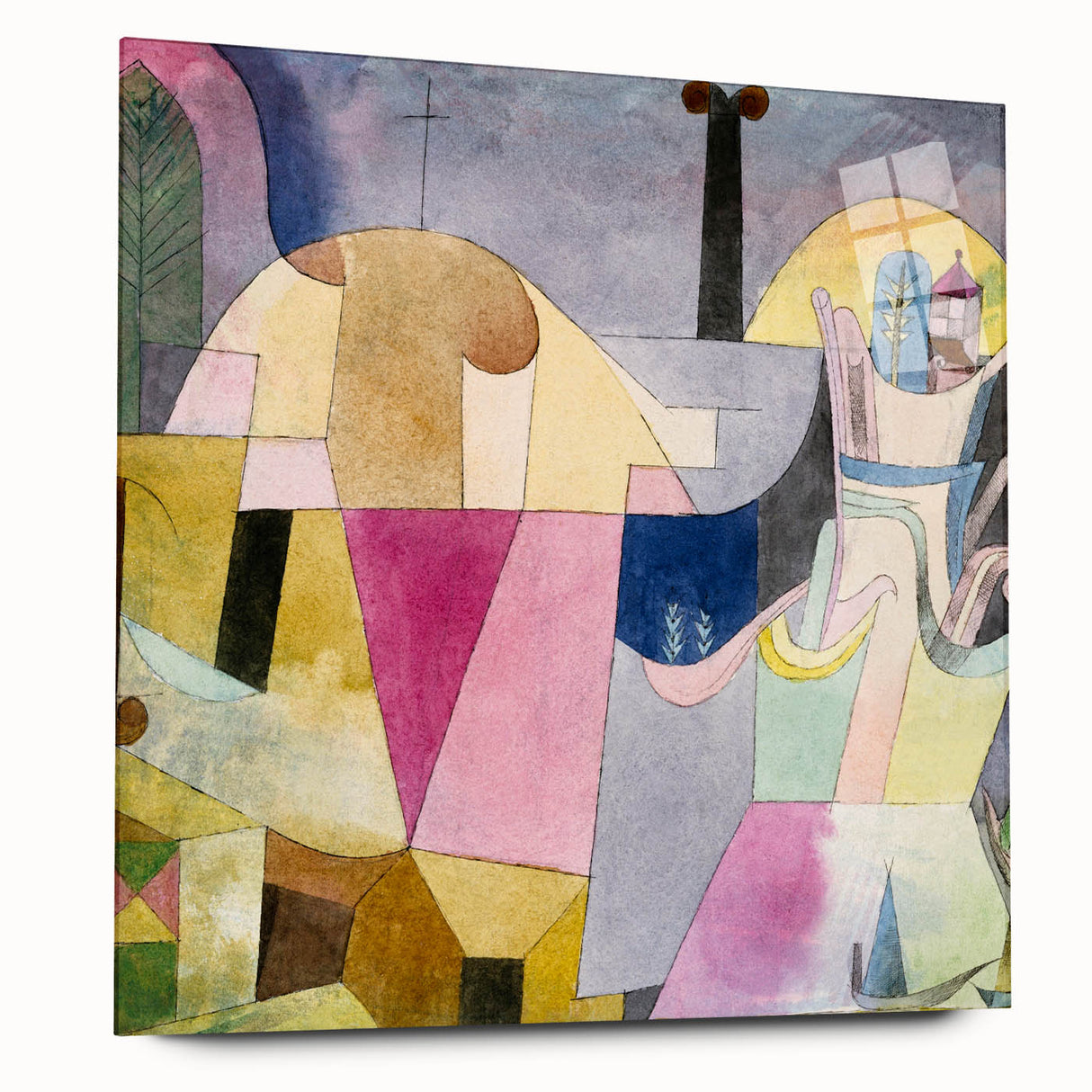 Large abstract wall art by Paul Klee, featuring geometric shapes in muted colors on acrylic glass.