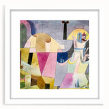 Abstract art print by Paul Klee featuring geometric shapes in muted colors, framed with a white mat.