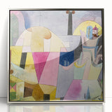 Mid-century modernist art featuring abstract geometric shapes in muted colors on a framed acrylic print.