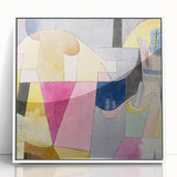 Acrylic print of a Paul Klee-inspired modern art piece with geometric shapes in muted tones, suitable for nursery wall art.