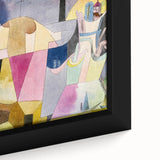 Extra large framed canvas featuring a textured, colorful abstract design by Paul Klee in black with vibrant hues.