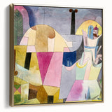 Vintage poster art of a landscape painting on a framed canvas, featuring muted earth tones, ideal for bedroom wall decor.