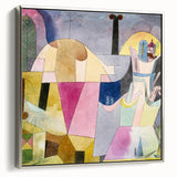 Framed canvas featuring a vintage landscape art painting with colorful abstract elements.